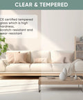 42-Inch By 84-Inch Glass Barn Door With Tempered Clear Glass, Pre-Drilled Carbon Steel Frame shown in living room setting