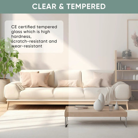 42-Inch By 84-Inch Glass Barn Door With Tempered Clear Glass, Pre-Drilled Carbon Steel Frame shown in living room setting