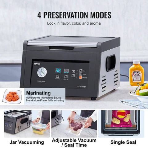 Chamber Vacuum Sealer 380W Pump Power for Home Kitchen with digital control panel, mustard bottle, and food on counter