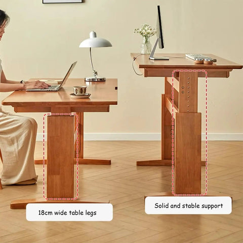 Fully Adjustable Standing Desk With Two Spacious Drawers And Ergonomic Sit Stand Design Smooth Glide Solid Wood Surface No Sweat Boss Level Home Office Setup showing 18cm wide table legs and stable support.