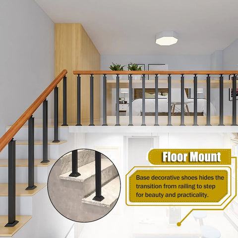 Step Up Your Game With These Next Level Wrought Iron Railing Spindles, Heavy Duty Floor Mount Posts in indoor staircase.