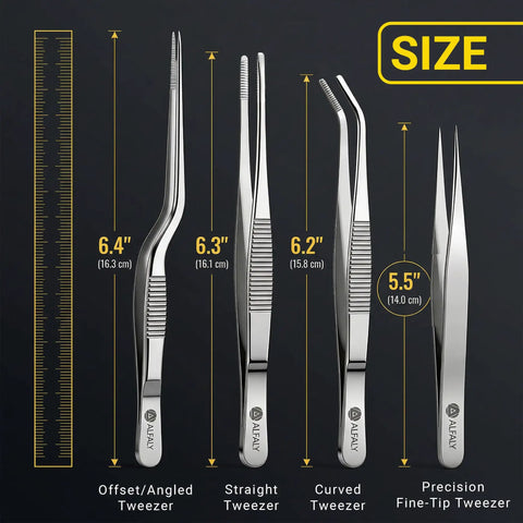 Four Piece Garden Tweezers Set Six Point Three Inch Long Plant Tweezers For Succulents Bonsai And Cactus Gardening Stainless Steel Multi Purpose Seed Tweezers For Kitchen Crafts Aquarium Reptile Terrarium Comes With Premium Storage Bag, size chart