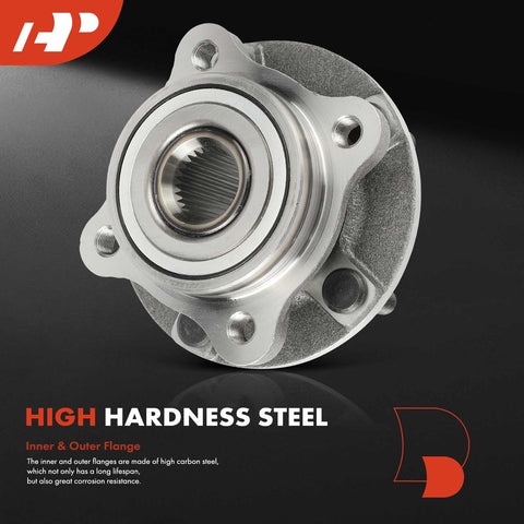 Front Wheel Bearing and Hub Assembly Pair for AWD Dodge Stealth 1991 to 1996, Mitsubishi 3000GT 1991 to 1999, and Lancer 2003 to 2006 with 5 Lug Compatibility, High Load Capacity, Ready for Quick Install and Reliable Daily Driving, showing high hardness steel and corrosion resistance feature.