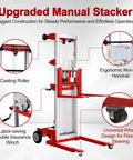 Premium 400 Pound Capacity Manual Material Lift Winch Stacker with ergonomic handrail, casting roller, and flexible wheels.