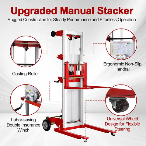 Premium 400 Pound Capacity Manual Material Lift Winch Stacker with ergonomic handrail, casting roller, and flexible wheels.