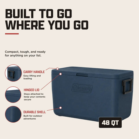 48 Quart Portable Cooler With Ice Retention Up To 60 Hours And TempLock Foam, Leak Resistant Build, blue design, side handles