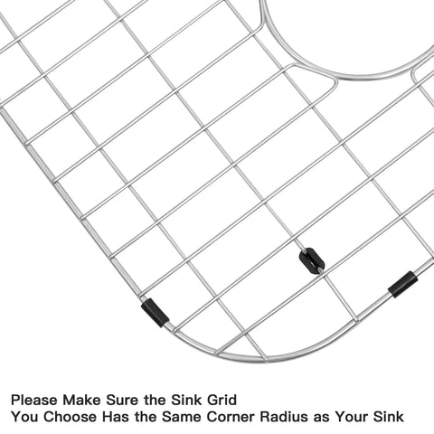 Close-up of corner edge of Heavy Duty Stainless Steel Kitchen Sink Grid With Rear Drain, showing rubber protectors and grid lines.
