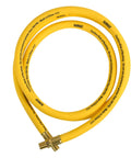 Half Inch Air Hose Featuring Solid Brass Fittings And Cold Flex Hybrid Design Rated To 250 PSI with yellow exterior and brass ends.