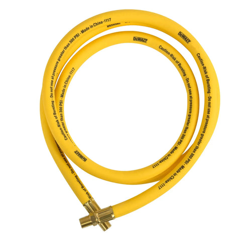 Half Inch Air Hose Featuring Solid Brass Fittings And Cold Flex Hybrid Design Rated To 250 PSI with yellow exterior and brass ends.