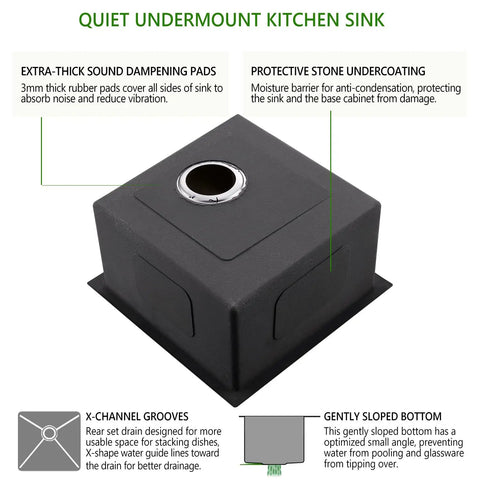 Heavy Duty 16 Gauge Stainless Steel Undermount Bar Sink 13 Inch By 15 Inch Exterior, sound dampening pads detailed view