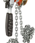 CM 602 Series mini ratchet lever chain hoist, side view, orange housing, 550 lb capacity