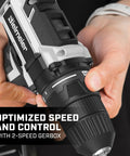 Hands holding Beast Of A 20V Max Cordless Drill Set With Lithium Battery and Charger, showing 3/8 inch keyless chuck and dual speed control.