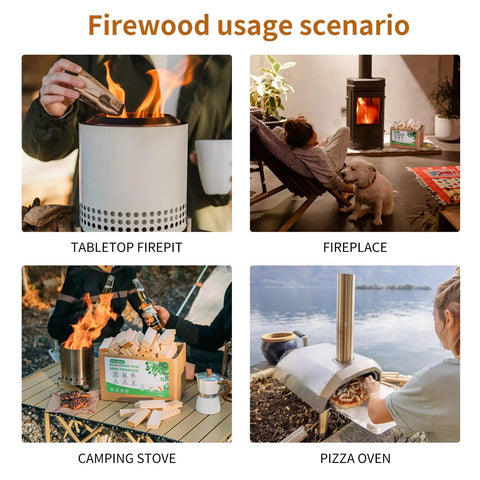 4 Inch Pine Fire Sticks Kiln Dried Firewood 8 Lb Pack Barkless Mini Kindling Logs For Indoor And Outdoor Use Perfect For Solo Stove Mesa Tabletop Fire Pit And Pizza Oven shown in use with various fire setups including tabletop firepit, fireplace, camping stove, and pizza oven.