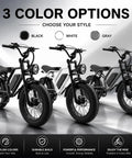 Three All Terrain Fat Tire Electric Bikes For Adults with 1500W Peak Motor in black, white, and gray color options