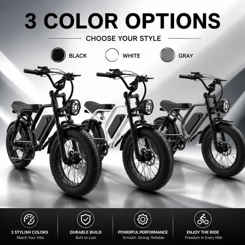 Three All Terrain Fat Tire Electric Bikes For Adults with 1500W Peak Motor in black, white, and gray color options
