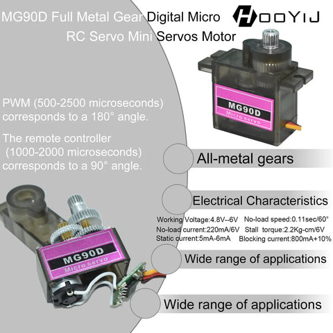 Four Pack MG90D Full Metal Gear Digital Micro Servo Motors 180 Degree Travel High Torque RC Servo packaging and components details