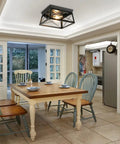 Two Light Flush Mount Ceiling Light Fixture In Matte Black With Open Cage Metal Frame in kitchen dining area