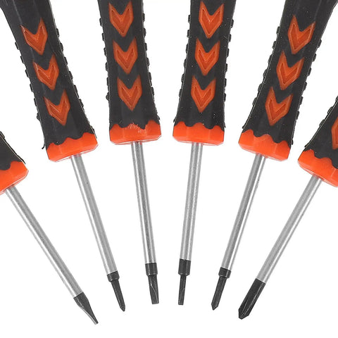 FOMIYES Premium 6-In-1 Precision Screwdriver Set Made From Chrome Vanadium Steel With Comfortable Ergonomic Handles Perfect For Watch Fixes And Micro Electronics Repair On The Go. six precision screwdrivers with black orange ergonomic handles and chrome vanadium steel shafts