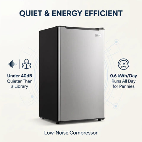 Spare Your Square Footage 3.2 Cubic Foot Upright Freezer In Classic Silver with quiet operation and low-noise compressor.