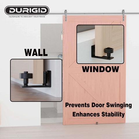 Image of 2 Pack Barn Door Floor Guides With Felt Strips For Quiet Smooth Operation Bottom Roller Guides For Flush Mounted Doors Durable POM Nylon Rollers For Ultra Wear Resistance Anti Noise And Touch 8 Roller Configurations Includes Expansion Bolts Black installed on a wooden sliding door.