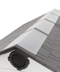 High-pitched roof with skylights of 10x8 Ft Gray Resin Outdoor Storage Shed With Dual Entry Doors Weather Resistant Tool Shed Steel Reinforced Walls