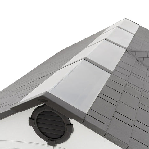 High-pitched roof with skylights of 10x8 Ft Gray Resin Outdoor Storage Shed With Dual Entry Doors Weather Resistant Tool Shed Steel Reinforced Walls