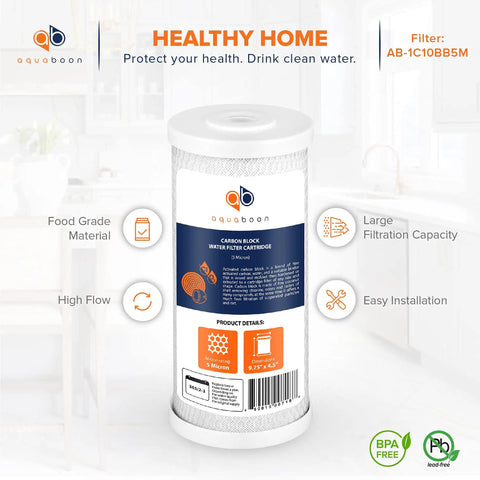 Image of a 5 Micron 10x4.5 Carbon Block Whole House Water Filter Cartridge Replacement for CTO Filtration with product details.