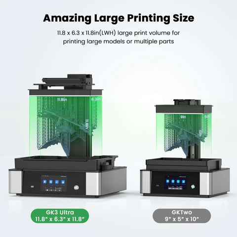 GK3 Ultra 13.5 Inch Resin 3D Printer With 16K LCD High Resolution And Beefy Build Volume 11.8 By 6.3 By 11.8 Inches Auto Resin Heating And Auto Feeding System For Pro Level 3D Printing next to smaller GKTtwo model