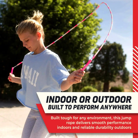 Person using Kid Friendly Beaded Jump Rope For Exercise Segmented Beaded Rope Shatterproof Durable Outdoor Rope Lightweight And Tangle Free Adjustable 7ft Jump Rope For Fitness Training At Home Gym Or Park in outdoor setting