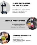 Black Manual Height Adjustable Can Sealer Machine With Ten Standard Aluminum Cans And Heavy Duty Sealing Cups for sealing bottles.