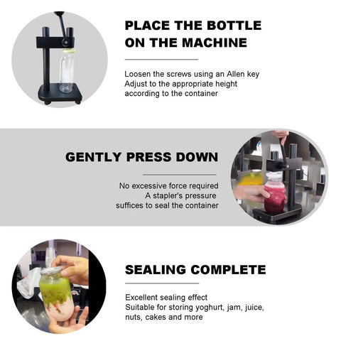 Black Manual Height Adjustable Can Sealer Machine With Ten Standard Aluminum Cans And Heavy Duty Sealing Cups for sealing bottles.