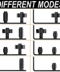 Sliding Barn Door Floor Guide With Adjustable Stay Roller for all door sizes in black solid steel and nylon, different modes shown.