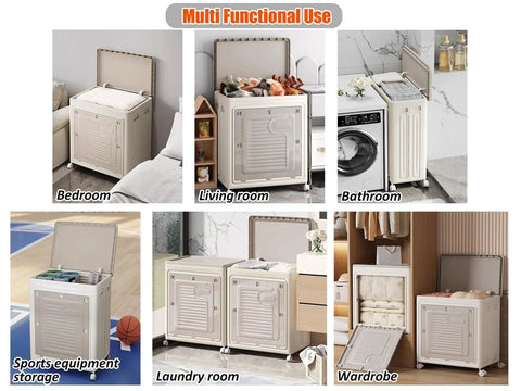 Heavy Duty Foldable Storage Bin With Lid Gray Extra Large 120L Capacity Wheels Smooth Glide For Closet Bedroom Living Room in various settings.