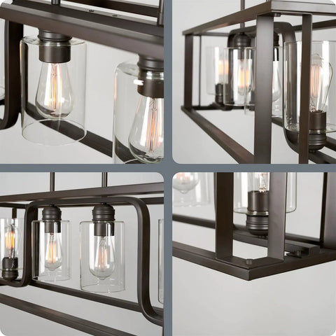 Iverson 34 Inch 4 Light Farmhouse Rectangular Island Light With Clear Cylinder Glass Shades In Oil Rubbed Bronze Finish.
