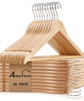 Straight Up Premium Quality Natural Wooden Coat Hangers Thirty Pack Flat Profile Wood Suit Hangers for Suits Jeans Coats and Dresses on display.
