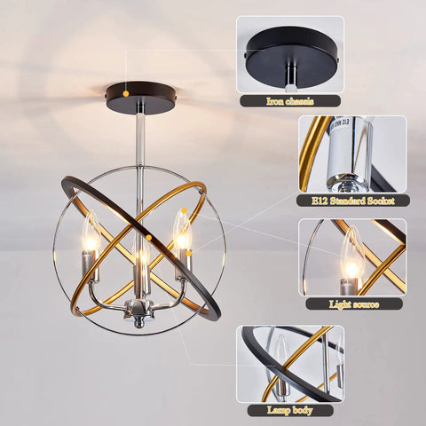 Three Light Farmhouse Dope Vintage Chandelier With Industrial Chrome Matte Finish E12 Base Semi Flush Mount Ceiling Light Fixture
