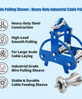 Blue Beefy Heavy Duty Steel Cable Puller Sheave for Large Scale Cable Laying Industrial Grade Pulley displayed on a light background.