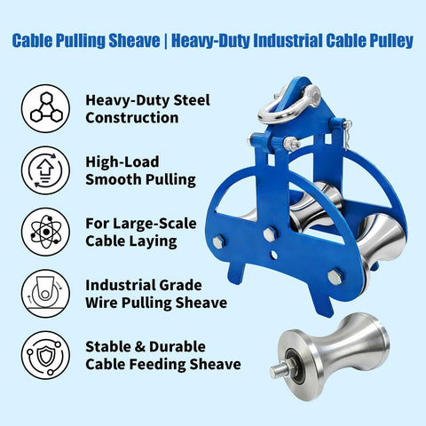 Blue Beefy Heavy Duty Steel Cable Puller Sheave for Large Scale Cable Laying Industrial Grade Pulley displayed on a light background.
