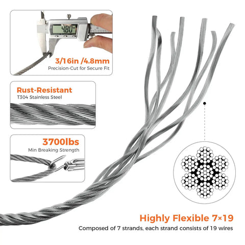 3/16 Inch 500 Ft Stainless Steel Wire Rope 304 7x19 for Deck Cable Railing Balustrades Clotheslines and Zip Lines
