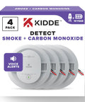 Hardwired Two In One Smoke And Carbon Monoxide Detector With Ten Year Battery Backup, Voice Alerts, Interconnectable LED Warning Indicators, And A Four Pack For Whole Home Safety. 4-pack box