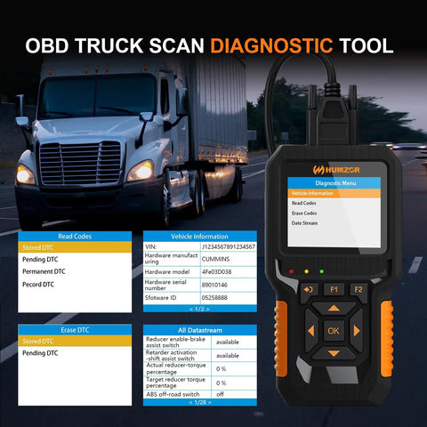 New 2026 12V/24V OBD2 Diesel Diagnostic Scanner for heavy duty trucks, displayed with interface and connected to truck on road.
