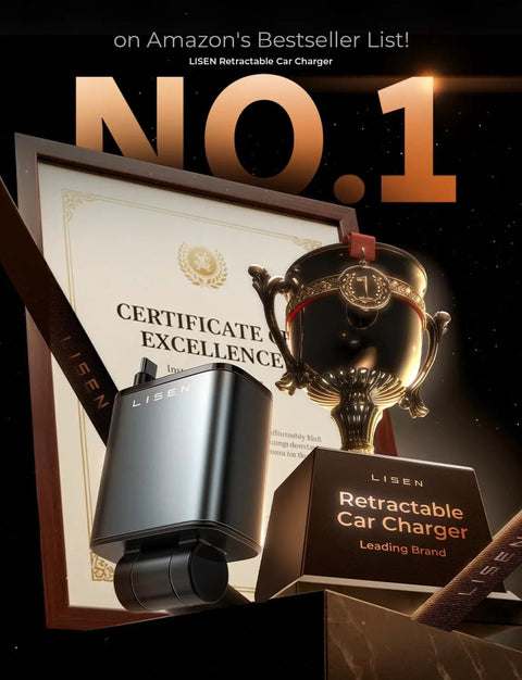 Award-winning Retractable Car Charger 84W USB C Fast Charge For 12V Cigarette Lighter Sockets with certificate and trophy.