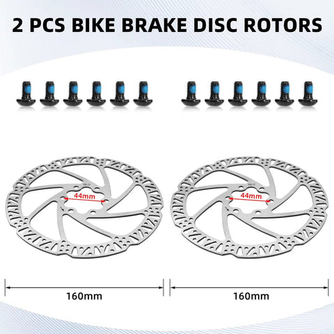 Two 160mm bike brake disc rotors with screws above, labeled 44mm center, Hydraulic Disc Brake Set For E Bike, 2 Pack