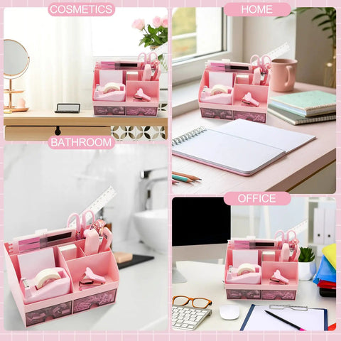 Pink Must Have Desk Organizer Set For Women, 14 In 1 Office Essentials Kit in various setups for cosmetics, home, bathroom, and office.