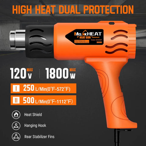 Beefed Up Heavy Duty Heat Gun With Dual Fuses, 1800W Hot Air Tool For Shrink Tubing And Crafts, shown with dual temperature settings.