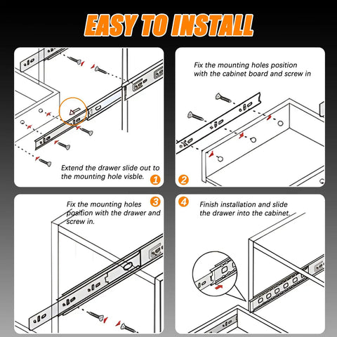 Illustration showing installation steps for Beefy 12 Inch Metal Drawer Slides With Ball Bearing Two Way Glide For Kitchen Cabinets And Dressers.