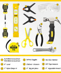 Kids Tool Set With Real Metal Hand Tools Includes Hammer Wrench Pliers Level Tape Measure Clamps Screwdrivers Safety Goggles And Tool Bag Great Gift For Ages 8 Plus Home DIY Learning Kit For Boys And Girls displayed