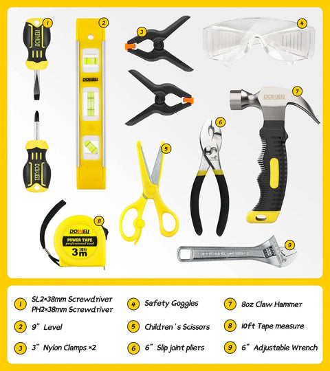 Kids Tool Set With Real Metal Hand Tools Includes Hammer Wrench Pliers Level Tape Measure Clamps Screwdrivers Safety Goggles And Tool Bag Great Gift For Ages 8 Plus Home DIY Learning Kit For Boys And Girls displayed