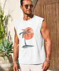 Man wearing Mens Sleeveless Tank Top For Gym And Workout Gains With Palm Tree Hawaiian Print Muscle Tank Summer Beach Tee Lightweight Polyester Cotton Blend White Shade, standing outdoors