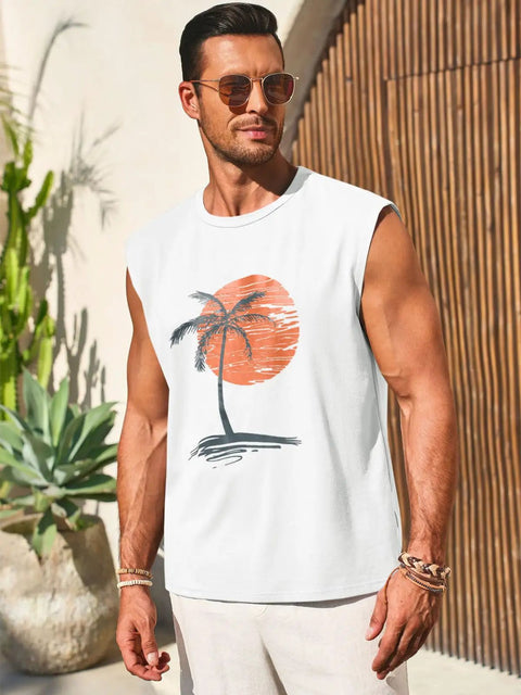 Man wearing Mens Sleeveless Tank Top For Gym And Workout Gains With Palm Tree Hawaiian Print Muscle Tank Summer Beach Tee Lightweight Polyester Cotton Blend White Shade, standing outdoors